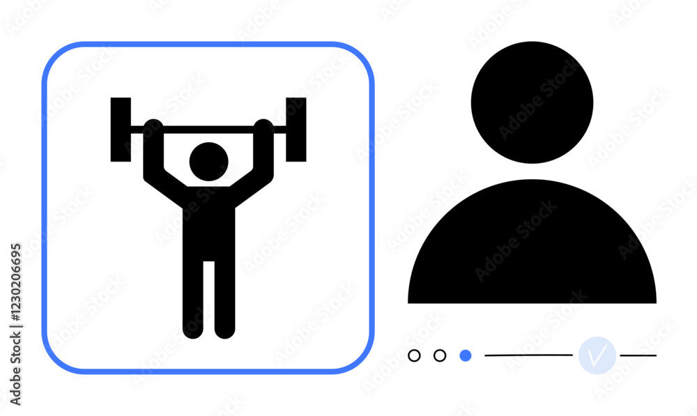 Aufkleber silhouette of person lifting barbell and adjacent user profile icon with status indicators and verif