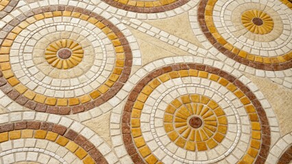 Mosaic pattern of yellow and light brown agate circles set against a sumptuous cream-colored background, elegant, inviting, mosaic, gemstone, warm