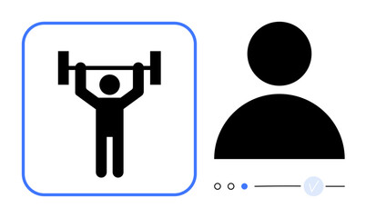 Silhouette of person lifting barbell and adjacent user profile icon with status indicators and verification checkmark. Ideal for fitness apps, user profiles, health platforms, exercise guides