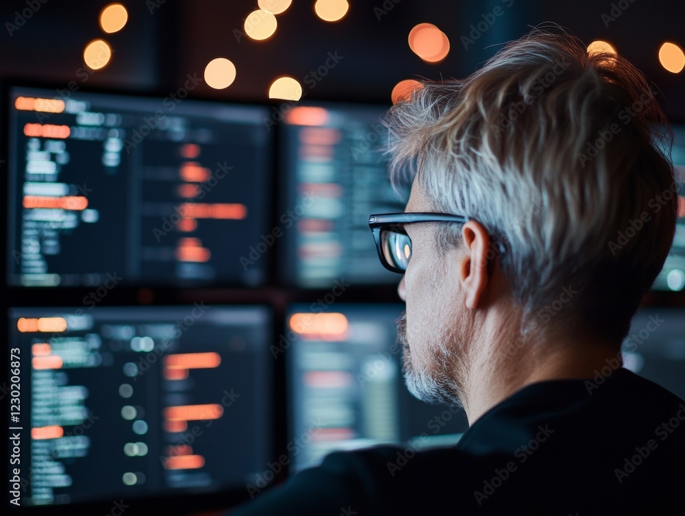 Fototapete Digital Workspace Aesthetic Advanced Multi-Screen Setup with Coding Interfaces - Future-Ready Tech Hub for Remote Developers and Innovative Software Solutions