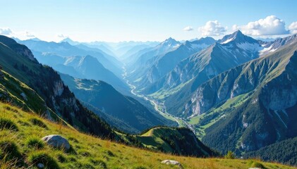 Mountain peaks and valleys create a breathtaking vista, majestic, nature, scenery