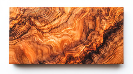 A richly detailed exotic wood surface with bold grain swirls displayed on a white backdrop top view emphasizing uniqueness futuristic tone splitcomplementary color scheme