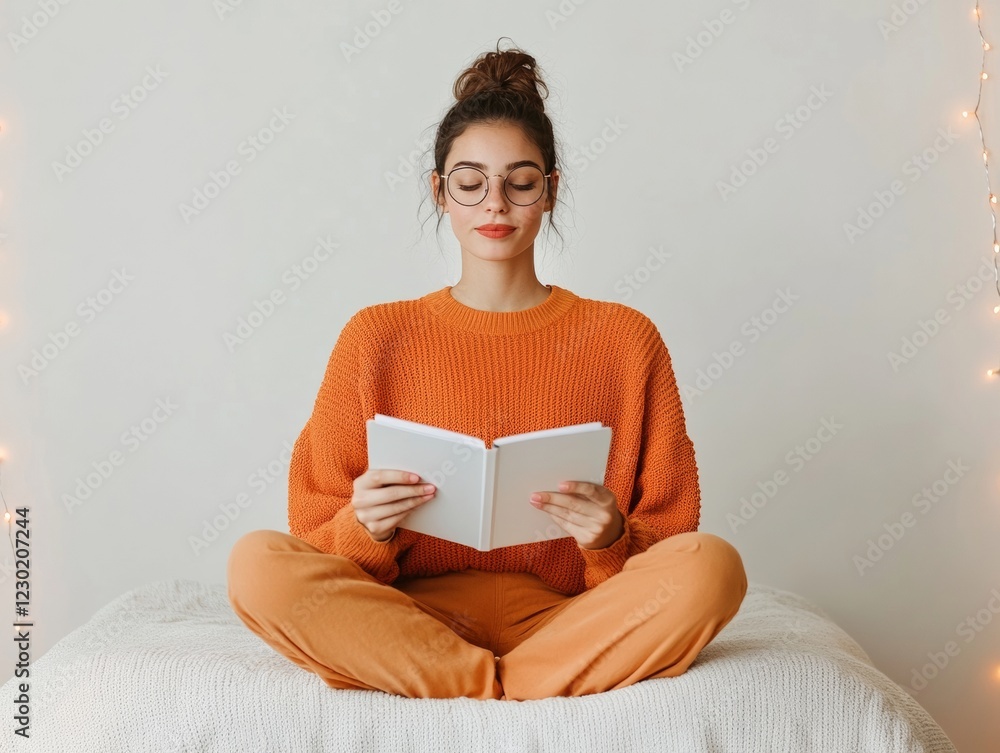 Poster cozy digital learning setup latina teen girl, 17, with tablet and open book on soft textiles - eleva