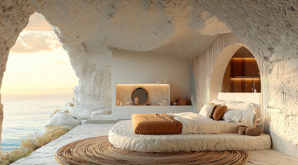 A bedroom in the style of modern inside an ancient cave on top of cliff, with a view to sea and sunset, a large bed made from white stone and wood elements, minimalist design furniture.