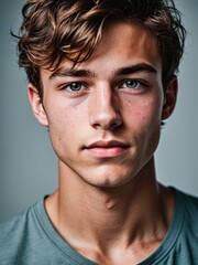 Fototapeta premium A close-up portrait of a young man with curly hair and blue eyes and looking directly at the viewer