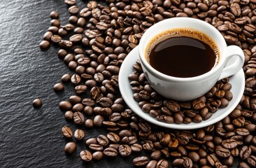 Fototapeta premium A Cup of coffee and coffee beans on a black background 