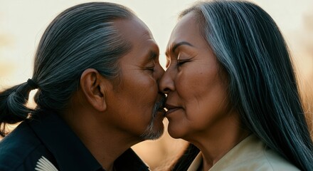 Naklejka premium Tender moment between mature native american couple embracing romantic connection