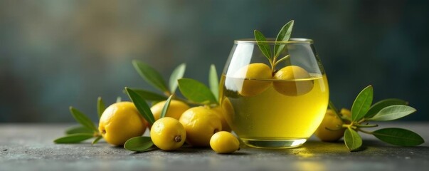 Vaso de vidrio lleno de aceite de oliva con aceitunas frescas y hojas sobre fondo gris, olive, glass