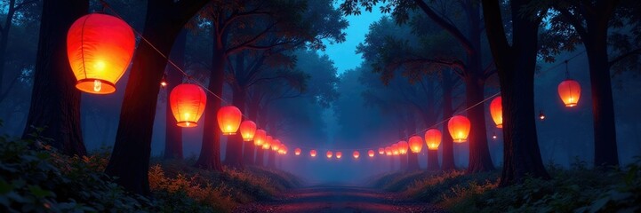 Colorful lanterns suspended from trees in a tranquil forest under a night sky, lanterns, forest