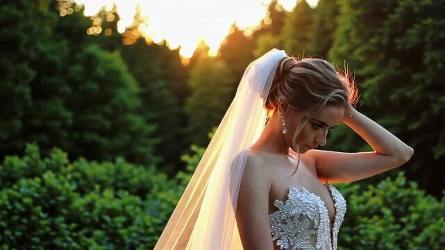Bride in Elegant Wedding Dress Captured in Stunning Outdoor Scene Footage