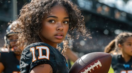 A light skinned black woman with curly hair playing quarterback with an all girl football team and she is throwing a touchdown pass.
