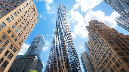 Fototapeta premium Tall twisted building under blue sky, city architecture use