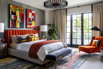 modern Luxury Contemporary bedroom with sleek lines and pops of bold color