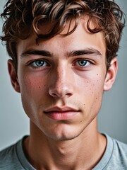 Fototapeta premium A close-up portrait of a young man with curly hair and blue eyes and looking directly at the viewer
