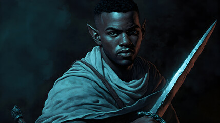A dark-skinned humanoid with sharp, pointed ears, wielding a blade of pure obsidian, standing guard over an ancient treasure.



