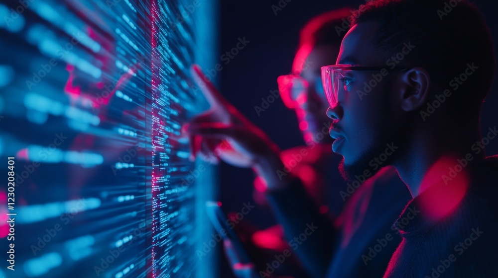 Poster futuristic team collaboration diverse coworkers in neon-lit, tech-driven room with holographic displ