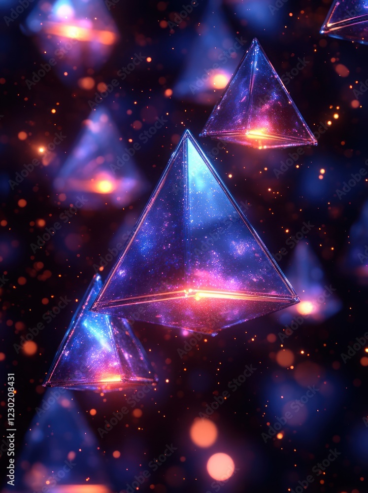 Poster glowing pyramids float in dark space; abstract art