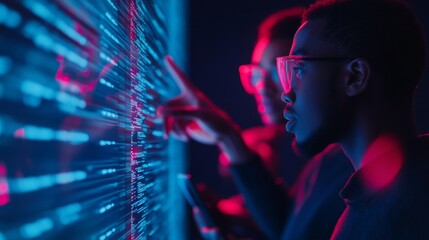 Futuristic Team Collaboration Diverse Coworkers in Neon-Lit, Tech-Driven Room with Holographic Displays - Enhancing Digital Marketing Strategy and Innovation in Corporate Workspaces