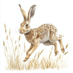Obraz premium Illustration of the Brown Hare running through the grass, soft watercolor tones, white background, detailed illustration.