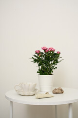 A beautiful pink roses in white pot, a delicate and elegant tea set, hand cream on white coffee table.