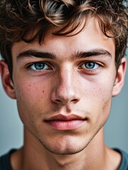A close-up portrait of a young man with curly hair and blue eyes and looking directly at the viewer