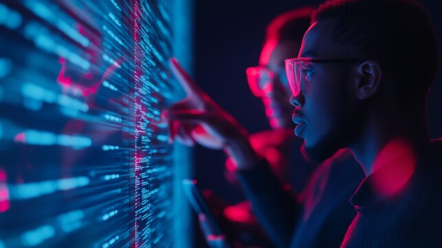 Futuristic Team Collaboration Diverse Coworkers in Neon-Lit, Tech-Driven Room with Holographic Displays - Enhancing Digital Marketing Strategy and Innovation in Corporate Workspaces - Powered by Adobe