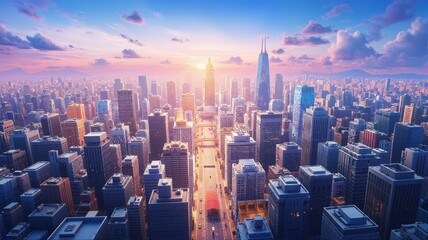 Aerial view of New York City skyscrapers at sunset.
