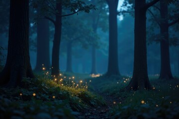 Fireflies lighting up the darkness of the forest with their soft luminescent glow, darkness, mystery, cozy