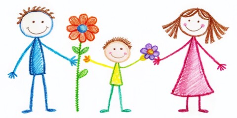 Happy Mother's Day! Colorful Stick Family, Boy Giving Flower to Mom, Macro Photography