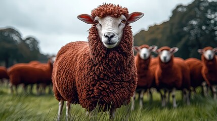 Obraz premium A herd of red sheep on a green field.