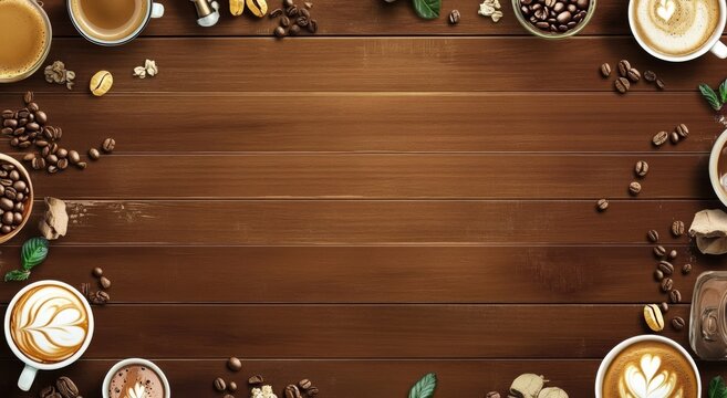 banner showcasing coffee-themed items on a rustic wooden background with copy space  - Powered by Adobe