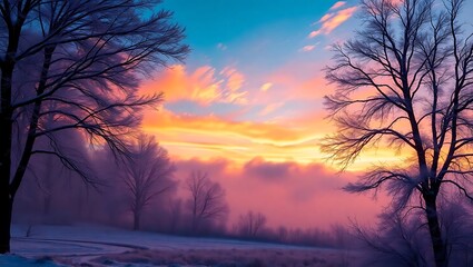 Fototapeta premium Serene Winter Sunrise with Trees - Tranquil Landscape for Wallpaper