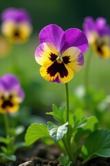 Flower pansy viola wittrockiana growing in a garden with tall grasses, violas, , gardening