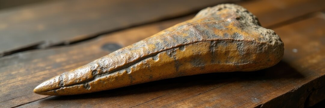 Fossilized plesiosaur tooth with intricate details on wooden background, plesiosaurus, ancient creature, wooden plate