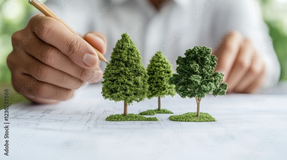 Poster eco-futuristic urban planning miniature tree models on blueprints in office setting - sustainable ar
