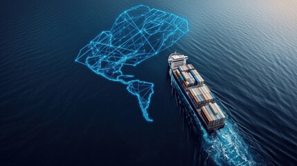 Large Shipping Vessel on Trade Route. A cargo ship navigating water with a digital map overlay representing connectivity.
