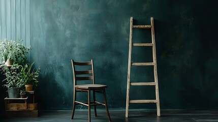 Cozy and Peaceful Minimalist Home or Office Interior with Wooden Chair Ladder and Potted Plant  Simple Elegant and Stylish Decor Arrangement for a Calm and Tranquil Atmosphere