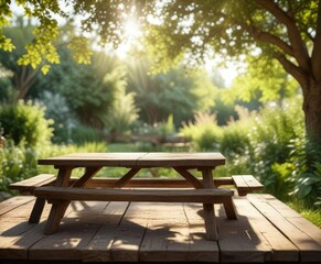 Naklejka premium Rustic wood picnic table in garden with bokeh background and sunlight, outdoor, bokeh