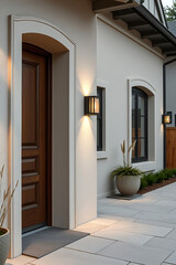 Modern House Exterior Design: Elegant Entrance with Stone Pathway and Warm Lighting