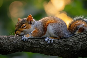 Sleeping squirrel resting on a tree branch during a warm sunset in a peaceful forest setting