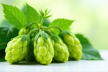 Fototapeta premium Fresh green hop flowers in clusters on white surface, garden, organic