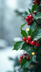 Obraz premium Fresh holly berries against snowy white backdrop, ornament, festive, winter