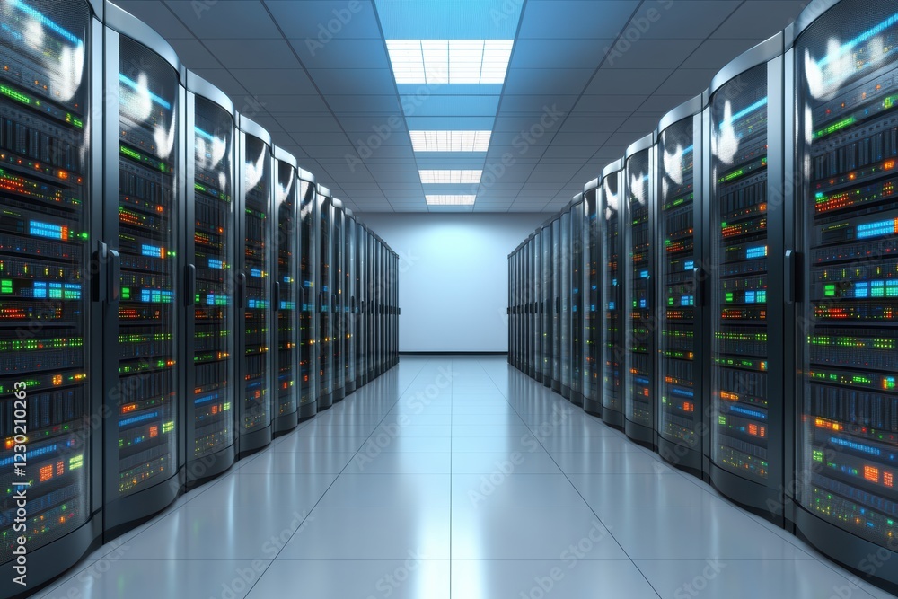 Poster modern data center interior showcase rows of advanced server racks illuminating high-tech infrastruc