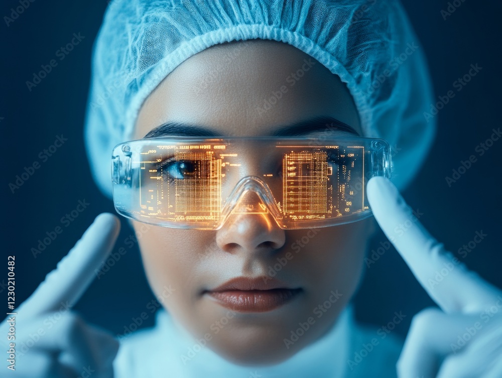 Poster Futuristic Vision Female Lab Technician with Augmented Reality Glasses - Precision Engineering and Quality Assurance with Advanced Diagnostic Tools in High-Tech Industrial Spaces