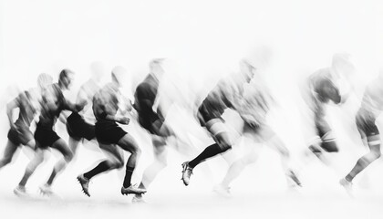 rugby players in motion, captured with a long exposure to create an abstract, blurred effect. The background is pure white to contrast against the figures, emphasizing their movement