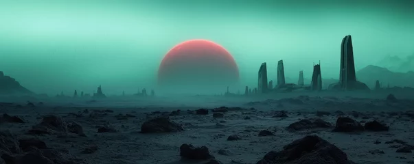 Gordijnen A surreal alien landscape showcases towering stone structures against a vibrant green sky and a massive red sun setting on the horizon. © Adul khotchasri