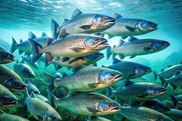 Fototapeta premium School of salmon with slime coating their bodies, aquatic life, school formation, ocean creatures