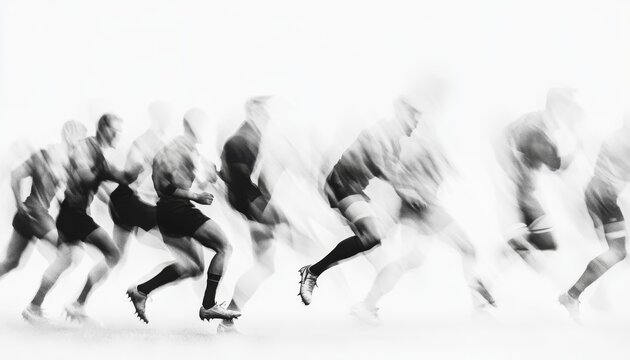 rugby players in motion, captured with a long exposure to create an abstract, blurred effect. The background is pure white to contrast against the figures, emphasizing their movement