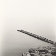Fototapeta premium A long pier with ladders extending into the calm sea, captured in black and white
