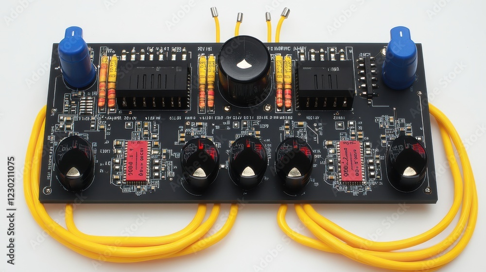 Poster detailed view of a circuit board with multiple components, knobs, and connectors for electronic proj